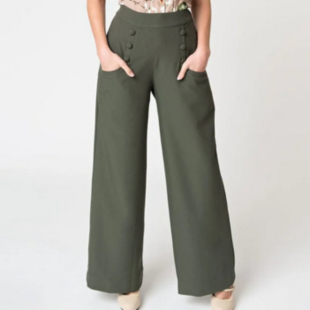 1940s Style Moss Green High Waist Trousers - XL/14